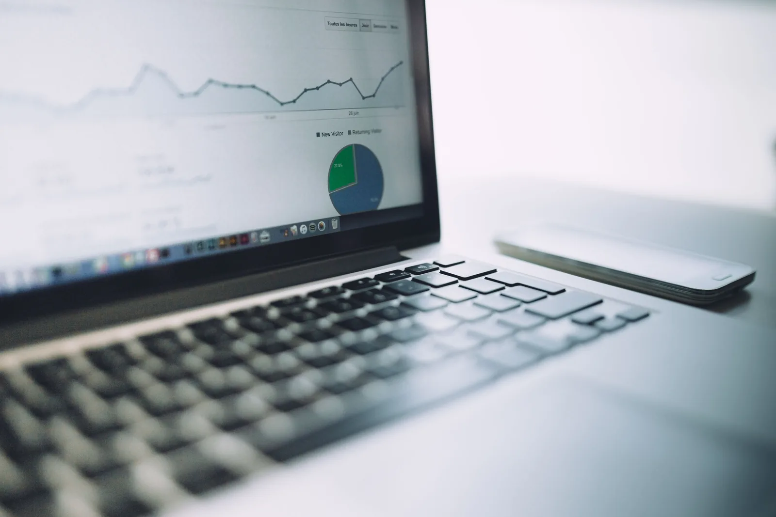 Laptop displaying website analytics charts and graphs.