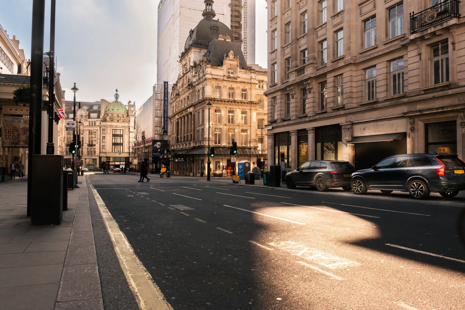 Sunlit street in London, United Kingdom.