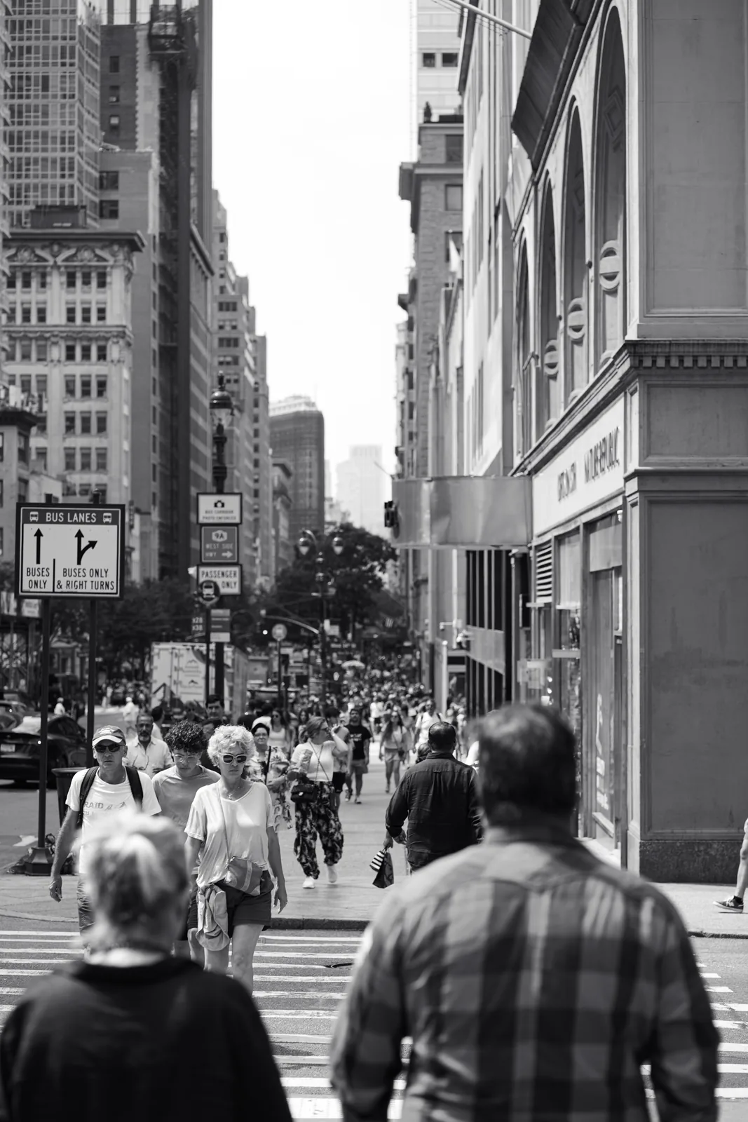Busy pedestrian street in New York City, United States.
